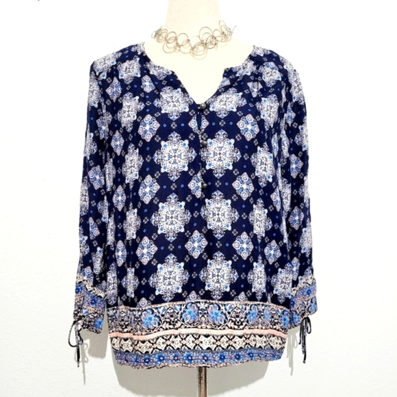Lucky Brand Blue & Pink Boho Geometric Floral Button Up Blouse Woman's Size M - Picture 1 of 9